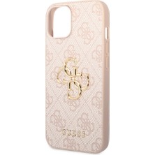 Guess iPhone 14 Uyumlu Kılıf Guess Pu Deri Büyük Metal Logo Dizaynlı Kapak Pembe