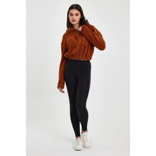 Kef Clothing Kahverengi Crop Sweatshirt, Peluş Sweatshirt, Kadın Sweatshirt, Fermuarlı Yaka Sweatshirt