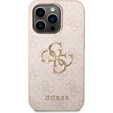 Guess iPhone 14 Pro Uyumlu Kılıf Guess Pu Deri Büyük Metal Logo Dizaynlı Kapak Pembe