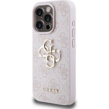 Guess iPhone 15 Pro Uyumlu Kılıf Guess Lisanslı Pu Deri Yazı ve 4g Metal Logolu Desenli Kapak Pembe