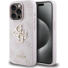 Guess iPhone 15 Pro Uyumlu Kılıf Guess Lisanslı Pu Deri Yazı ve 4g Metal Logolu Desenli Kapak Pembe