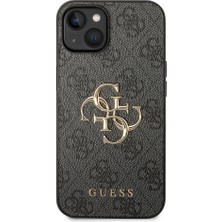 Guess iPhone 14 Uyumlu Kılıf Guess Pu Deri Büyük Metal Logo Dizaynlı Kapak Gri