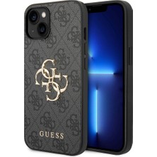 Guess iPhone 14 Uyumlu Kılıf Guess Pu Deri Büyük Metal Logo Dizaynlı Kapak Gri