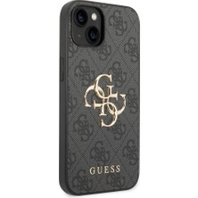 Guess iPhone 14 Uyumlu Kılıf Guess Pu Deri Büyük Metal Logo Dizaynlı Kapak Gri