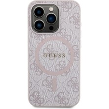 Guess iPhone 15 Pro Uyumlu Kılıf Guess Lisanslı Magsafe Şarj Özellikli 4g Desenli Yazı Logolu Kapak Pembe