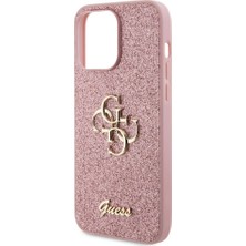 Guess iPhone 14 Pro Max Uyumlu Kılıf Guess Orjinal Lisanslı 4g Büyük Metal Logolu Glitter Kapak Pembe