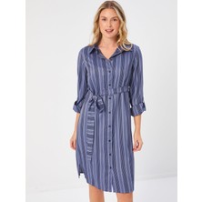 Faik Sönmez Beli Kuşaklı Çizgili Gömlek Elbise 68296