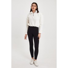 Kef Clothing Beyaz Crop Sweatshirt, Peluş Sweatshirt, Kadın Sweatshirt, Fermuarlı Yaka Sweatshirt