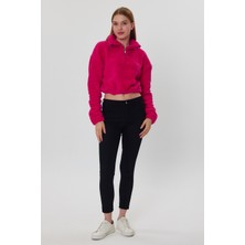 Kef Clothing Fuşya Crop Sweatshirt, Peluş Sweatshirt, Kadın Sweatshirt, Fermuarlı Yaka Sweatshirt