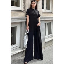 New Laviva Kadın Siyah Hakim Yaka, Kısa Kol, Önleri Kese Cepli, Salaş Kesim, Belmondo Safari Tulum