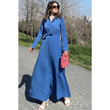 New Laviva Kadın Mavi Kupra Kumaş, Uzun Kol, Beli Kuşaklı, Vucüda Oturan Kalıp, Uzun Gömlek Elbise