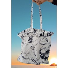 Emtory Home Plaj Çantası - Lacivert Çiçekli Plaj Çantası - Keten Çok Amaçlı Çanta 35X35