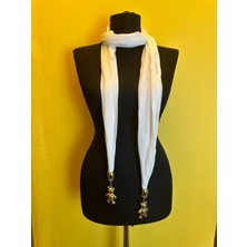 Gönülden Tasarım Ayı Uçlu Beyaz Penye Kadın Fular Boyun Bağı Saç Aksesuarı