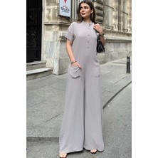 New Laviva Kadın Gri Hakim Yaka, Kısa Kol, Önleri Kese Cepli, Salaş Kesim, Belmondo Safari Tulum