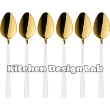 Kitchen Design Lab Parlak Gold Beyaz Tatlı ve Dondurma Kaşığı 6 Adet,kutulu,paslanmaz Çelik Kahvaltı Kaşık Seti 6 Adet