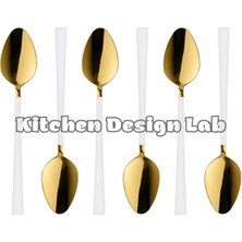 Kitchen Design Lab Parlak Gold Beyaz Tatlı ve Dondurma Kaşığı 6 Adet,kutulu,paslanmaz Çelik Kahvaltı Kaşık Seti 6 Adet