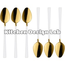 Kitchen Design Lab Parlak Gold Beyaz Tatlı ve Dondurma Kaşığı 6 Adet,kutulu,paslanmaz Çelik Kahvaltı Kaşık Seti 6 Adet