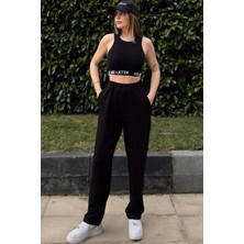 New Laviva Kadın Siyah Beli Lastikli, Cepli, Paçası Pliseli, Salaş Pantolon