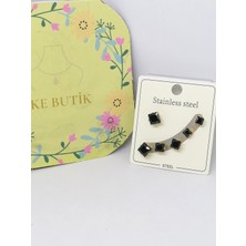 Eke Butik Çelik Siyah Taşlı Çivili Set Mini Küpe Gold
