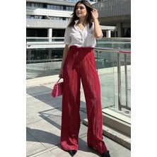 New Laviva Kadın Bordo Beli Lastikli, Yüksel Bel, Salaş Kesim, Bol Paça Bürümcük Pantolon