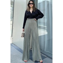 New Laviva Kadın Haki Beli Lastikli, Yüksel Bel, Salaş Kesim, Bol Paça Bürümcük Pantolon