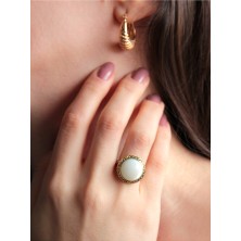 Esha Store Doğal Taş Sedef Yuvarlak Doğal Taşlı Ayarlanabilir Antik Işlemeli Yüzük Dtbys