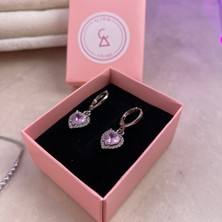 Alsem Gümüş Kaplama Mor/pembe Kalp Taşlı Zirkon Hoop Küpe , Mor/pembe Kalpli Hoop Küpe