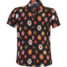 Exve Exclusive Siyah Üzeri Renkli Etnik Desen Dijital Baskı Oversize Rahat Kesim Kısa Kollu Salaş Gömlek