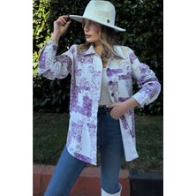 New Laviva Kadın Mor Desenli Gabardin Kumaş, Eteği Oval Kesim, Cepli, Oversize Gömlek