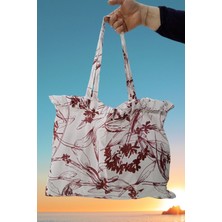 Emtory Home 40X50 Bordo Çiçekli Keten Çok Amaçlı Çanta - Günlük Çanta - Plaj Çantası