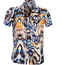 Exve Exclusive Krem Üzerine Renkli Fırça Desen Viskon Oversize Rahat Kesim Kısa Kollu Salaş Gömlek