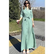 New Laviva Kadın Mint Yeşil Kupra Kumaş, Uzun Kol, Beli Kuşaklı, Vucüda Oturan Kalıp, Uzun Gömlek Elbise