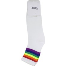 Look Socks Gökkuşağı Çizgili Beyaz Kolej Çorap 3 Çift