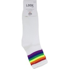 Look Socks Gökkuşağı Çizgili Beyaz Kolej Çorap 3 Çift