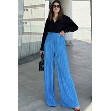 New Laviva Kadın Mavi Beli Lastikli, Yüksel Bel, Salaş Kesim, Bol Paça Bürümcük Pantolon