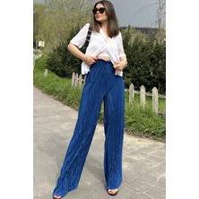 New Laviva Kadın Indigo Beli Lastikli, Yüksel Bel, Salaş Kesim, Bol Paça Bürümcük Pantolon