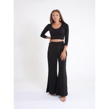 Attolye Beli Lastikli Siyah Uzun Kollu Crop Top