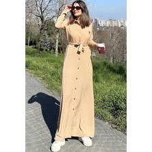 New Laviva Kadın Bej Kupra Kumaş, Uzun Kol, Beli Kuşaklı, Vucüda Oturan Kalıp, Uzun Gömlek Elbise