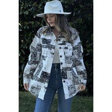 New Laviva Kadın Siyah Desenli Gabardin Kumaş, Eteği Oval Kesim, Cepli, Oversize Gömlek