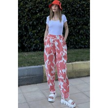 New Laviva Kadın Mercan Beli Lastikli, Cepli, Desenli Gabardin Kumaş, Salaş Pantolon