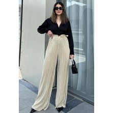 New Laviva Kadın Sarı Beli Lastikli, Yüksel Bel, Salaş Kesim, Bol Paça Bürümcük Pantolon