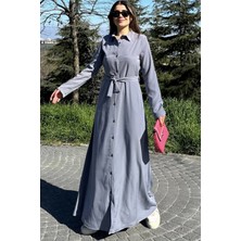 New Laviva Kadın Gri Kupra Kumaş, Uzun Kol, Beli Kuşaklı, Vucüda Oturan Kalıp, Uzun Gömlek Elbise