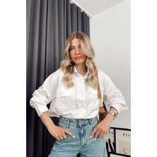 Sue Store Beyaz Çift Cepli Oversize Gömlek