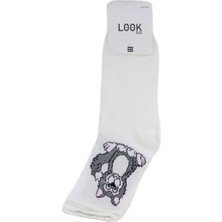 Look Socks Kedi Karakter Desenli Beyaz Kolej Çorap