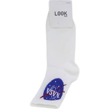 Look Socks Nasa Desenli Beyaz Kolej Çorap 3 Çift