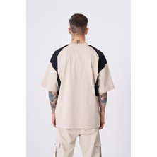 Machinist Erkek Contrast Shoulder Detail Baskılı Oversize Açık Bej Tişört