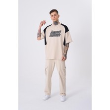 Machinist Erkek Contrast Shoulder Detail Baskılı Oversize Açık Bej Tişört