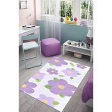 Pelangi Mor Menekşe Çiçekli Yıkanabilir Kaymaz Taban Leke Tutmaz Çocuk Odası Halısık