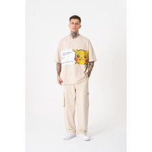 Machinist Erkek Pikachu Baskılı Oversize Açık Bej Tişört