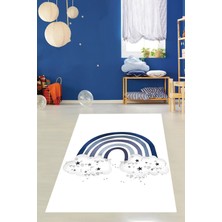 Pelangi Beyaz Zemin Lacivert Gökkuşağı ve Bulut Yıkanabilir Kaymaz Taban Leke Tutmaz Çocuk Odası Halısı